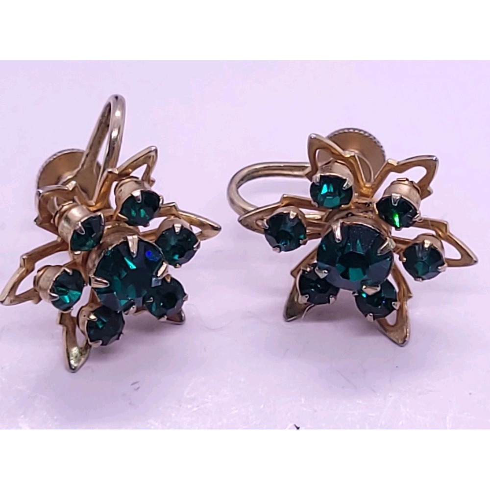 Coro Vintage Emerald Green Rhinestone Screwback Earrings Gold Tone 20mm